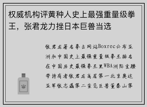 权威机构评黄种人史上最强重量级拳王，张君龙力挫日本巨兽当选